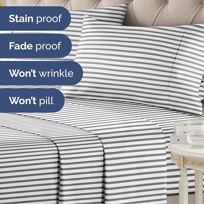 Striped Sheets - Grey Striped Sheets - 1 Flat & 1 Fitted & 1 Pillowcase w/ Deep Pockets – Wrinkle & Fade Resistant - Ultra-Soft, Breathable and Cooling – Luxury Pinstripe Bedding - Twin Size Bed Set