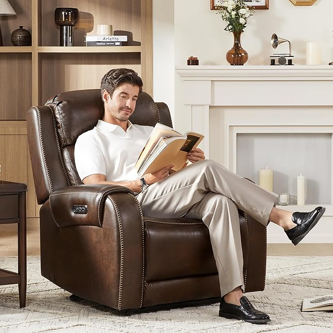 CHITA Genuine Leather Power Recliner Chair for Adults, Electric Wall Hugger Recliner with Adjustable Power Headrest & USB/Type-C Ports, Compact for Small Spaces & Living Rooms, Dark Brown