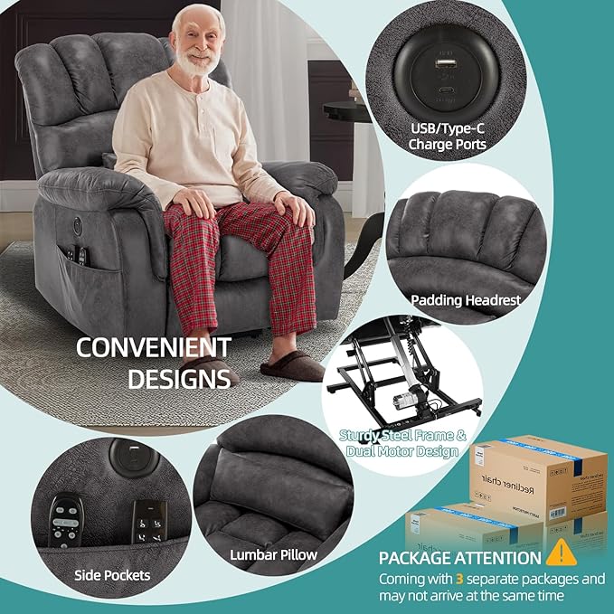 MEETWARM Oversized Dual Motor Power Lift Chair with Extended Footrest for Big Tall Elderly, Infinite Position Lay Flat Sleeper Electric Recliner, Heat Massage, Lumbar Pillow, USB & Type-C Ports, Gray