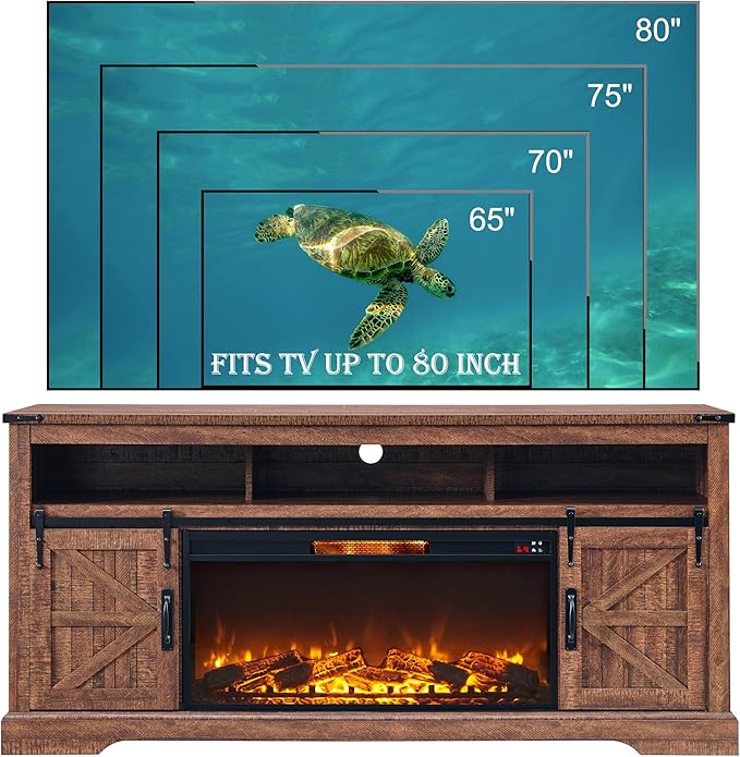 OKD Fireplace TV Stand for 80 Inch TV, 33" Tall Highboy Farmhouse Entertainment Center w/ 36'' Electric Fireplace, Rustic Media Console w/Sliding Barn Door for Living Room, Reclaimed Barnwood