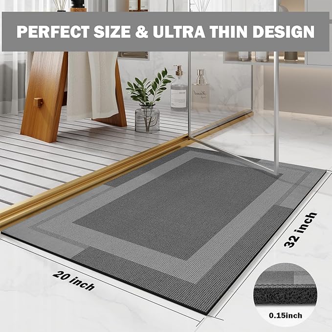 Non Slip Bath Mat, Rubber Backing Ultra Thin Bathroom Rugs Fit Under Door Quick Dry Super Absorbent Washable Bath Rug Shower Mat for Bathroom Floor Bathtub Sink, Easy Care Dark Grey 20"x 32"