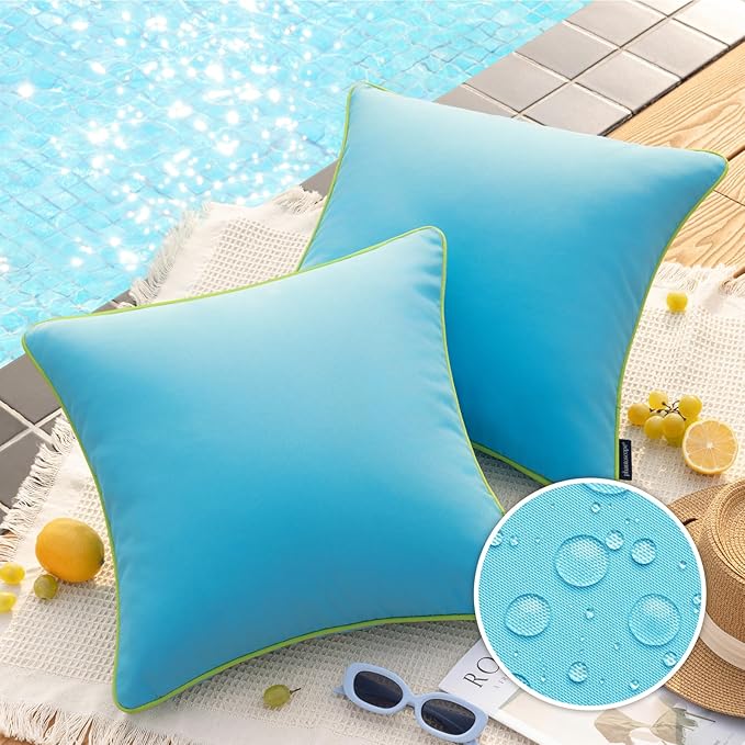 Phantoscope Pack of 2 Outdoor Waterproof Throw Pillow Covers with Contrast Piping, Decorative Square Cushion Case Patio Pillows for Couch Tent Sunbrella, Sky Blue 20x20 inches