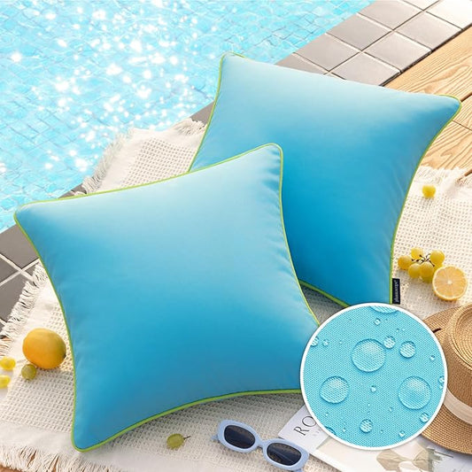 Phantoscope Pack of 2 Outdoor Waterproof Throw Pillow Covers with Contrast Piping, Decorative Square Cushion Case Patio Pillows for Couch Tent Sunbrella, Sky Blue 18x18 inches