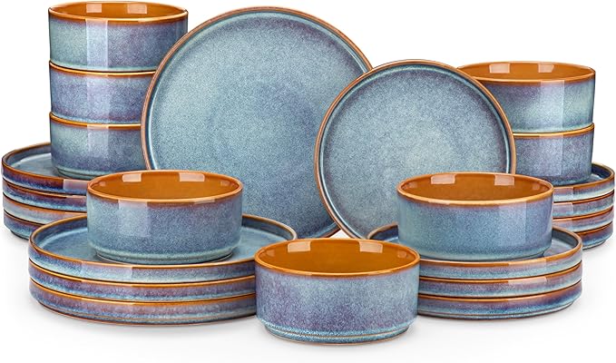 vancasso ONION Ceramic Plates and Bowls Sets, 24 Pieces Blue Dinnerware Sets for Kitchen, Reactive Glaze Dishes Set for 8, Dishwasher and Microwave Safe
