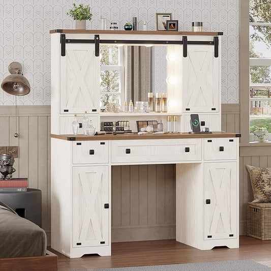 DICTAC Farmhouse Makeup Vanity Desk with Lighted Mirror & Power Strips, Vanity Table with Sliding Barn Door Hidden Shelves & 5 Drawers & 2 Cabinets, White Dressing Table for Bedroom, Lights Adjustable