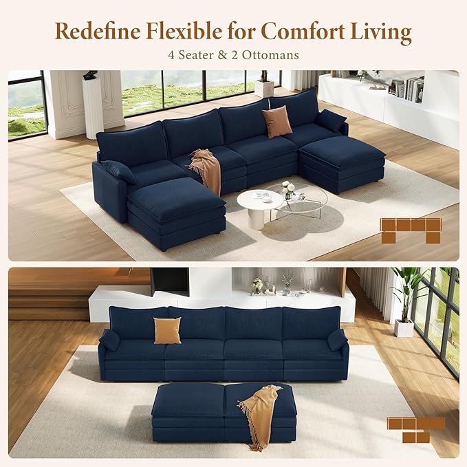 Vesgantti 142" U Shaped Sectional Couch, Comfy Cloud Modular Sectional Sofa with 2 Ottoman Deep Seat Chenille Modern Cloud Sofa, Modular Sofas for Living Room, Bedroom and Apartment, Blue