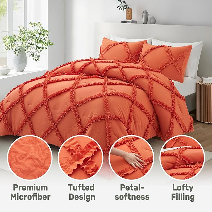 Bonlino Queen Comforter Set Soft Bedding - 3 Pcs Tufted Decor Fluffy Comforter Boho Bed in a Bag with Cute Lightweight Pillowcase for Dorm Farmhouse Bedroom Luxury Gift(Orange)