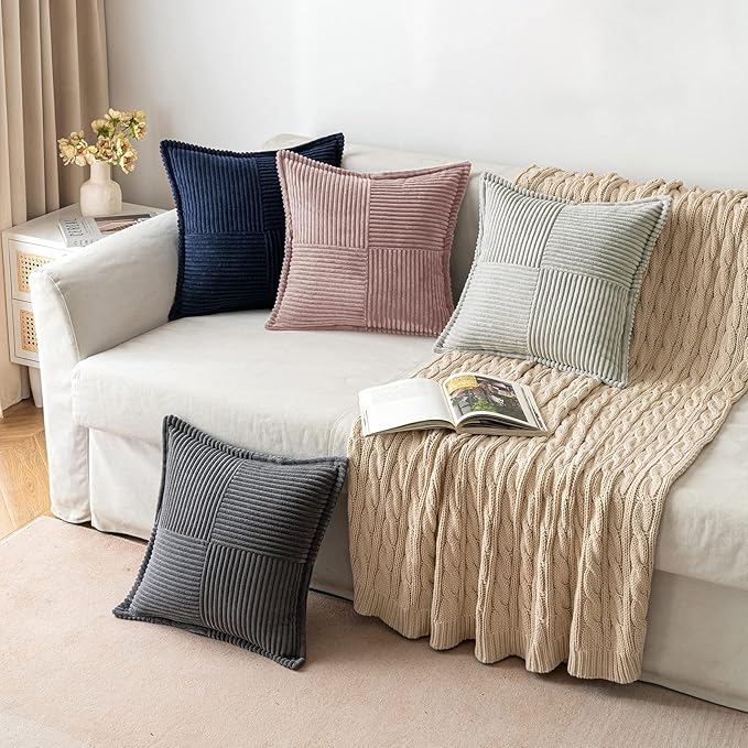 MIULEE Decorative Throw Pillow Covers for Couch Bed Livingroom 16x16 Inch Set of 2 Blush Pink Boho Accent Throw Pllows Broadside Striped Patchwork Soft Corduroy Pillowcases