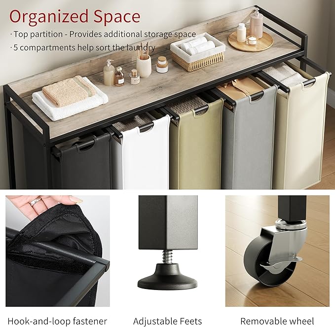 Laundry Hamper with Shelf, Laundry Basket 5 Section, Laundry Sorter with Pull-Out Removable Large 5 Color Bags and Movable Wheels, Metal Frame, 5 x 15.87 Gallons (60L), Greige PF08XLZ