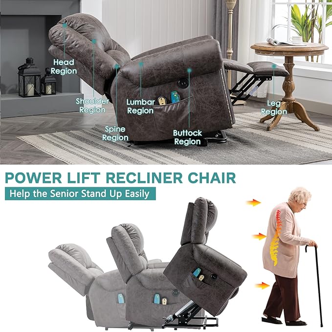 MEETWARM Large Power Lift Electric Recliner Chair with Massage and Heat, Overstuffed Wide Recliner for Elderly, Heavy Duty Recliner for Living Room with 2 Remote Controls/USB Ports/Side Pockets(Gray)