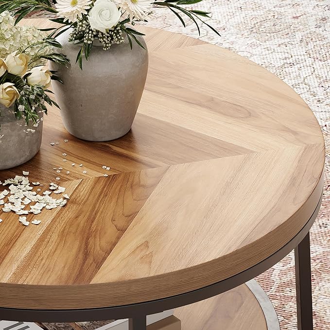 32" Round Coffee Table, Circle Coffee Table for Living Room with 2-Tier Storage Shelves, Design Accent Center Table with Wood Grain Desktop, Easy to Assemble