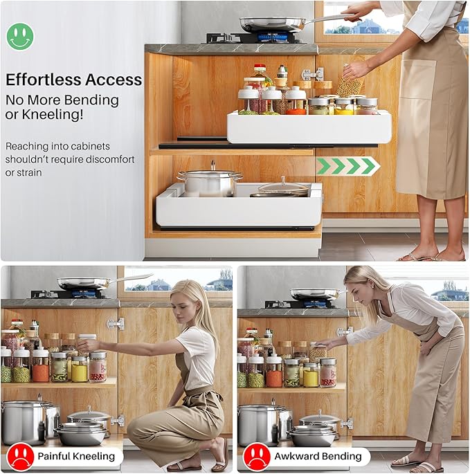 2 Packs Pull out Cabinet Organizer, Expandable(12"-20") Heavy Duty Slide out Drawers Fixed with Adhesive Nano Film for Pots, Roll out Shelf Storage for Kitchen Base Cabinet Organization