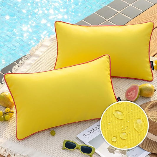 Phantoscope Pack of 2 Outdoor Waterproof Throw Pillow Covers with Contrast Piping, Decorative Square Cushion Case Patio Pillows for Couch Tent Sunbrella, Lemon Yellow 12x20 inches
