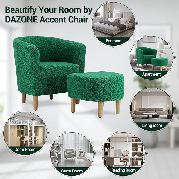 DAZONE Sherpa Accent Chair with Ottoman, Forest Green Cozy Barrel Armchair for Adults, Upholstered Living Room Chair with Footrest, Small Space Reading Chair for Bedroom, Apartment, Home Office