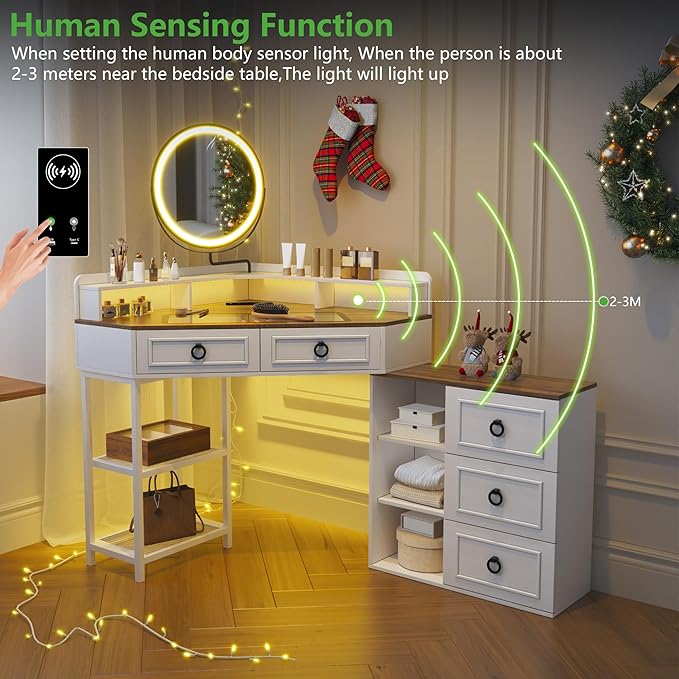 Corner Vanity Desk with Lighted Rotating Mirror and Lights, Glass Top Makeup Vanity with Corner Shelf&5 Drawers, Girls Vanitys with Charging Station,Jewelry Organizers for Bedroom,White