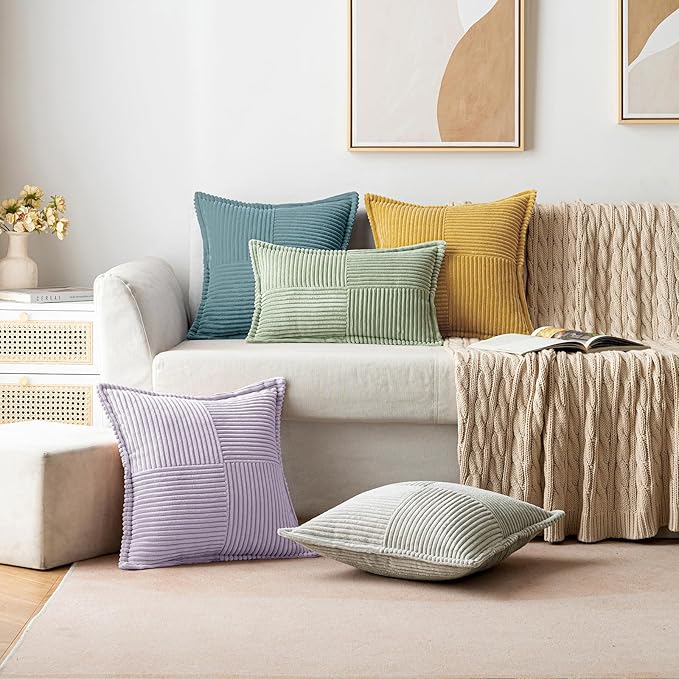 MIULEE Decorative Throw Pillow Covers for Couch Bed Livingroom 18x18 Inch Set of 2 Purple Boho Accent Throw Pllows Broadside Striped Patchwork Soft Corduroy Pillowcases