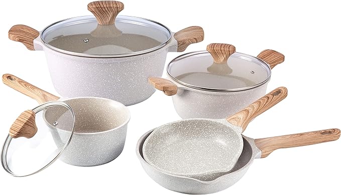 Country Kitchen Non-Stick Cast Aluminum Cookware Set - Durable Kitchen Cookware for Everyday Cooking, Speckled Cream, 8 Pc.