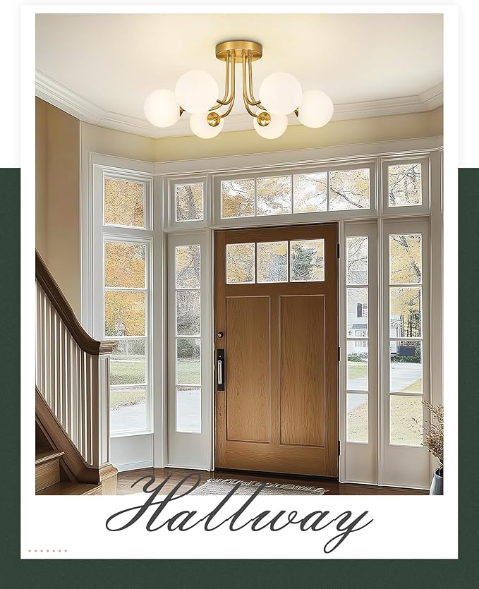 Gold Flush Mount Ceiling Light in Modern Farmhouse Design Features 6 Frosted Glass Shades, Perfect for The Living Room, Bedroom, Or Dining Room. Model:CKCL4845-6W-PG