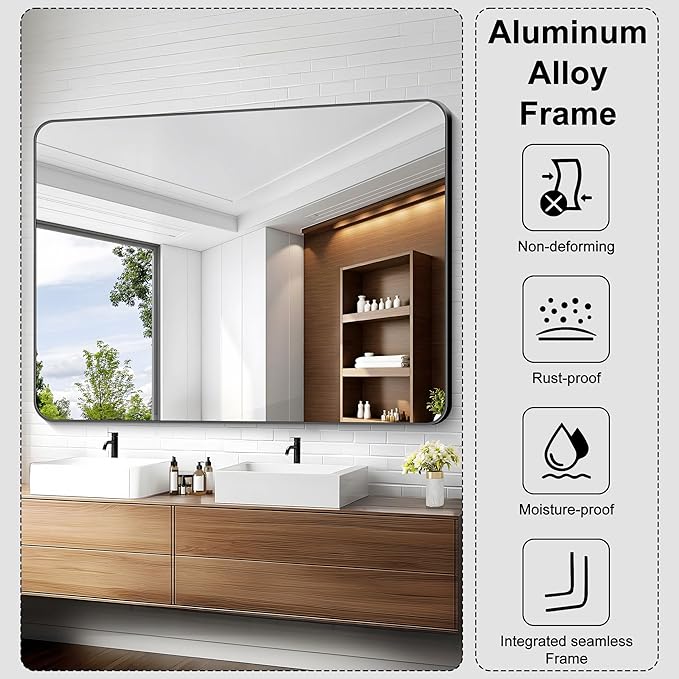 KOCUUY Black Bathroom Mirror 55"x40", Large Vanity Mirror with Rounded Corner, Metal Black Frame with Mordern Design for Bathroom, Living Room, Entryway, Hang Horizontal/Vertical