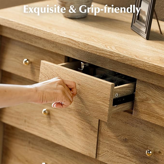 7 Drawers Dresser with Beveled Panel, Farmhouse Chest of Dressers for Bedroom, Wood Dresser TV Stand, Drawer Organizer for Bedroom, Living Room, Hallway, Natural Oak