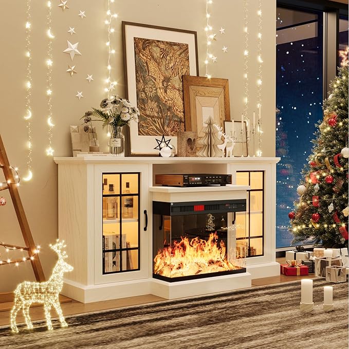 oneinmil 59'' Fireplace TV Stand, 3 Sided Glass Media Entertainment Center Console Table for TVs up to 65'' with Glass Door Adjustable Flame LED Color for Living Room, Set of TV Table, White