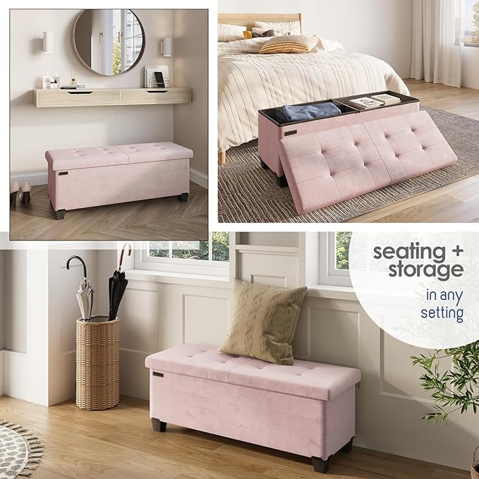 STORAGEBUD Storage Ottoman Bench with Bins, 43-in Storage Bench for Bedroom End of Bed, Folding Foot Rest Ottoman for Living Room Max 660lbs, Velvet Ottomans, Pink