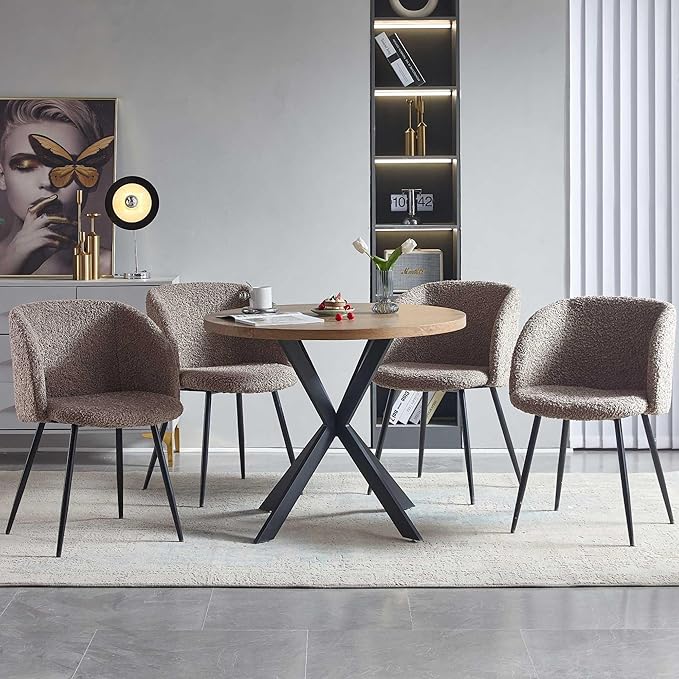 5 PCS Kitchen Dining Table Set, 37" Round Breakfast Dining Table MDF Tabletop, Space Saving Coffee Table Set for 4, Cozy Fluffy Sherpa Armchair Upholstered Dining Chairs with Metal Legs