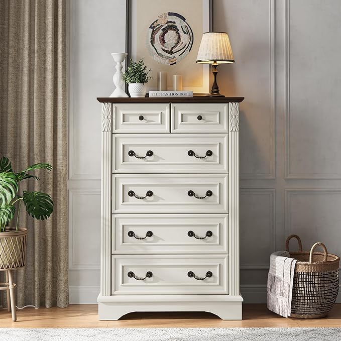 BLANKSPACE Farmhouse Dresser with 6 Drawers, Antique White Dresser for Bedroom, Hallway, Living Room, or Office Storage