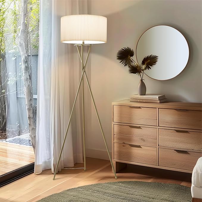 Brightech Jaxon LED Floor lamp, Modern Lamp for Living Rooms & Offices, Tall Lamp with Contemporary Pleated Drum Shade, Gold Tripod Standing Lamp for Bedroom Reading, Great Living Room Decor - Brass