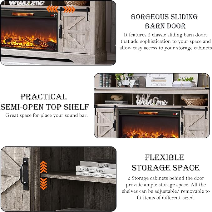 OKD Fireplace TV Stand for 80 Inch TV, 33" Tall Highboy Farmhouse Entertainment Center w/ 36'' Electric Fireplace, Rustic Media Console w/Sliding Barn Door for Living Room, Light Rustic Oak