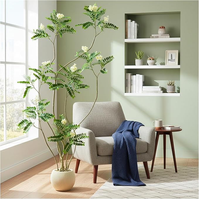 Artificial Locust Tree：6FT Faux Black Locust Floor Plant with White Flowers Small Round Silk Leaves & Elegant Branches in Beige Ribbed Planter for Indoor Home Office Decor Hotel Patio Studio