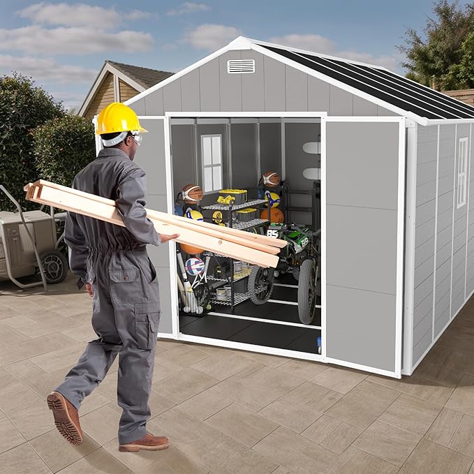 8x10 FT Outdoor Storage Resin Shed with Floor, Plastic Garden Tool Shed with Sloped Roof, Lockable Door & Windows, Easy to Assemble Bike Shed for Lawn, Backyard, Patio, Grey