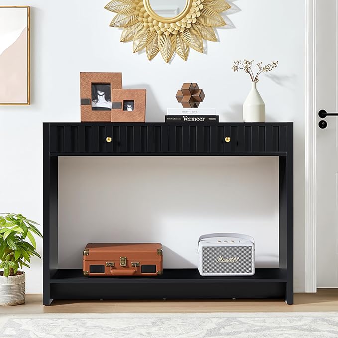 Console Table with Drawers, Narrow Mid-Century Fluted Entryway Table Sofa Table with Storage Shelf, Wood Entry Table Accent Behind Couch Table for Entrance, Hallway, Living Room (Black)