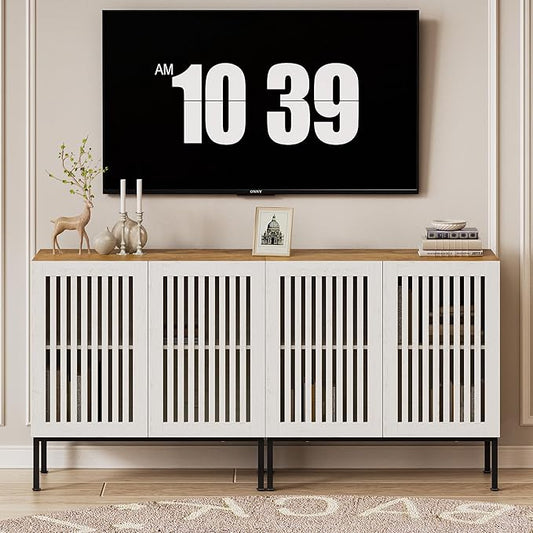 Farmhouse TV Stand for 70 Inch TVs, 2-in-1 Entertainment Center with Storage Cabinets & Metal Base, Antique White Media Console for Living Room