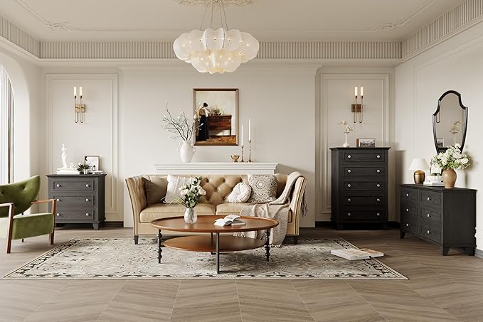 GarveeHome Black Dresser for Bedroom, 48" Tall Dresser with 5 Drawers, Chest of Drawers with Storage, Vintage Wood Dressers for Closet, Living Room, Hallway