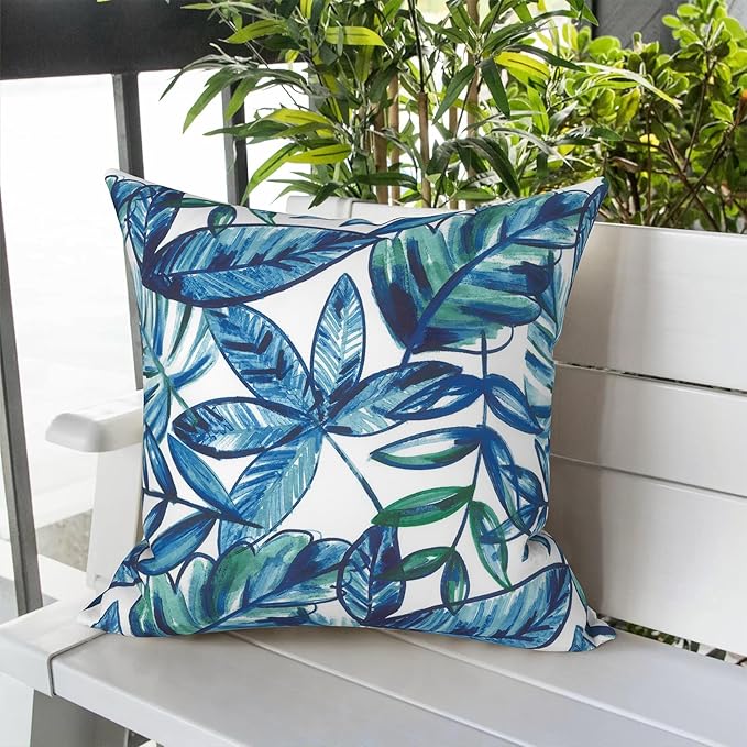 LVTXIII Outdoor Throw Pillows, Decorative Throw Pillows with Inserts, 20"x20" Square Pillows for Bed, Couch, Sofa and Patio Furniture, Set of 2, Leaves Ink Blue