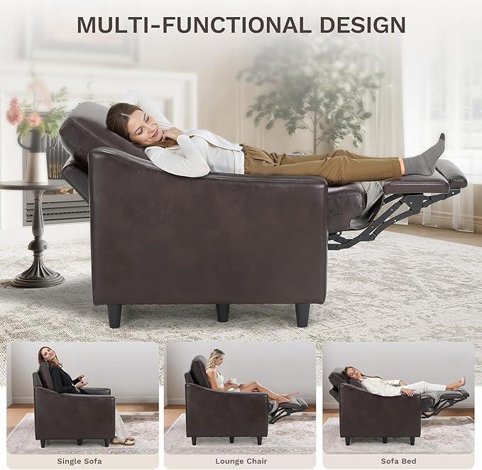 COLAMY Pushback Electric Recliner Chair, Premium Leather Upholstery with Adjustable Angles, Extra Lumbar Pillow, Built-in Charging Port, Business-Casual Style for Living Room（Brown
