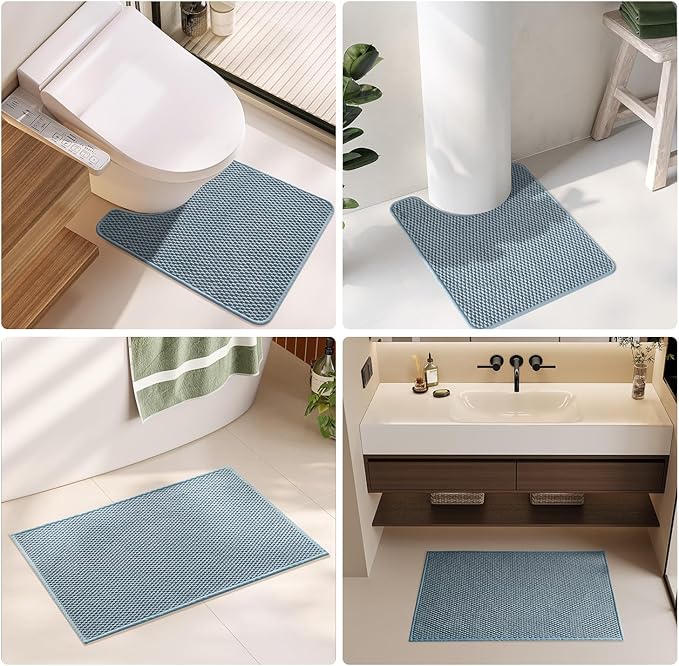 Bathroom Rugs Non Slip Washable, Super Absorbent Thin Bath Mat Quick Dry Low Pile Bathroom Rug, Denim Blue 24"x60"