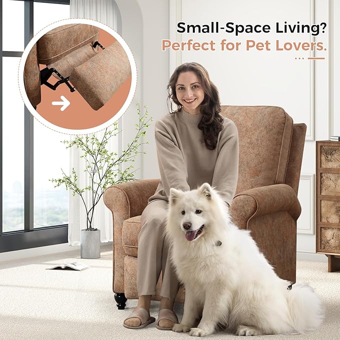 ANJ Push Back Recliner Chair, Textured Fabric Overstuffed Wingback Recliner, Adjustable Pushback Chair with Padded Seat and Back, Single Reclining Sofa for Living Room, Bedroom(Retro Brown)