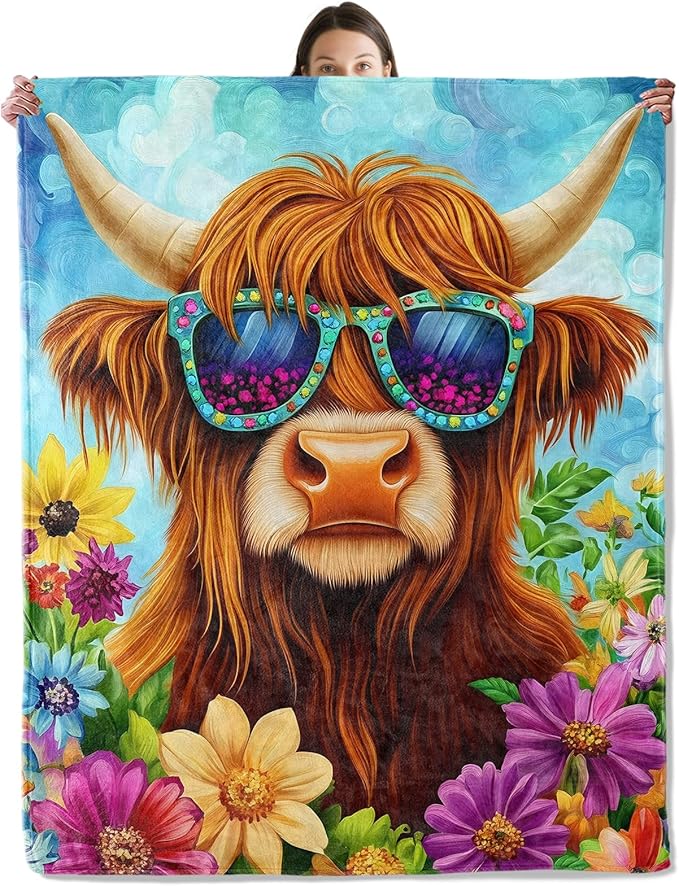 Chic Highland Cow Blanket, Cozy Flannel Cows Wearing Sunglasses Throw Blanket for Couch Outdoor, Plush Soft Lightweight Travel Blankets for Bed Decor and Gifts, for Women Adults Kids 50"x60"