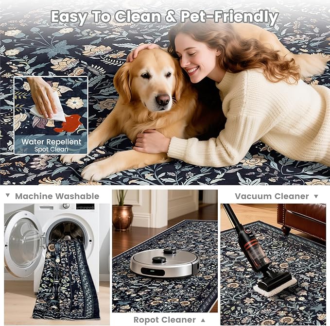 Area Rug Living Room Rug, 6X9 Rugs for Living Room Floral Boho Low Pile Super Soft Washable Rug, Stain Resistant Indoor Floor Non-Slip Carpet for Bedroom Bedside Dining Room Kitchen Nursery, Black