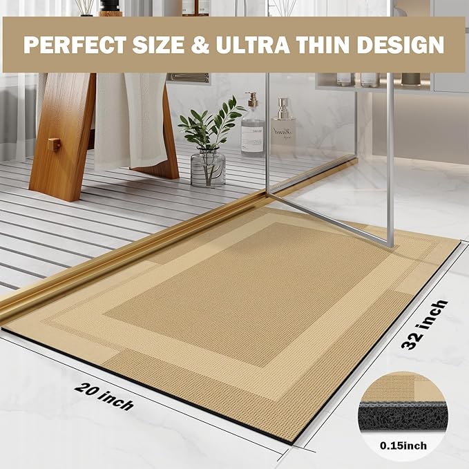 Non Slip Bath Mat, Rubber Backing Ultra Thin Bathroom Rugs Fit Under Door Quick Dry Super Absorbent Washable Bath Rug Shower Mat for Bathroom Floor Bathtub Shower Sink, Easy Care Brown 20"x 32"