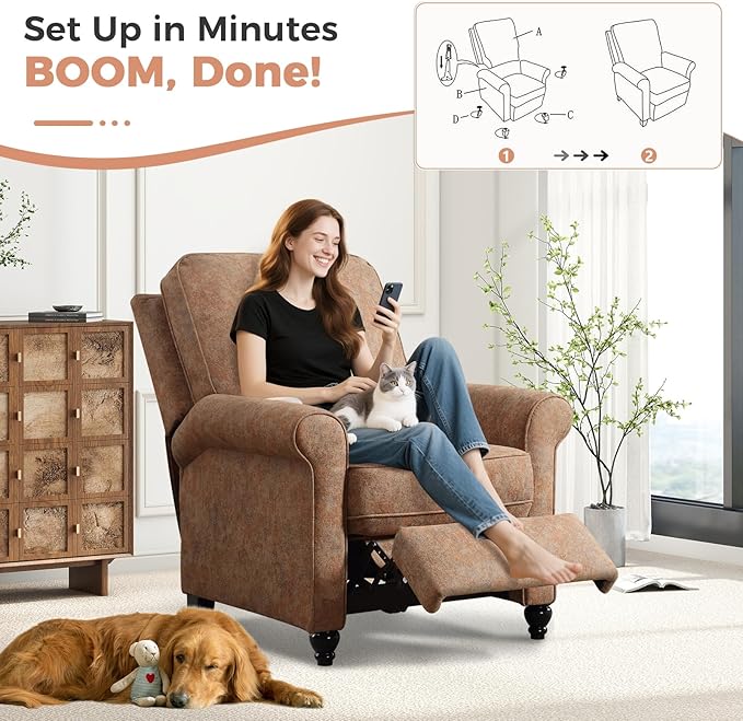 ANJ Push Back Recliner Chair, Textured Fabric Overstuffed Wingback Recliner, Adjustable Pushback Chair with Padded Seat and Back, Single Reclining Sofa for Living Room, Bedroom(Retro Brown)