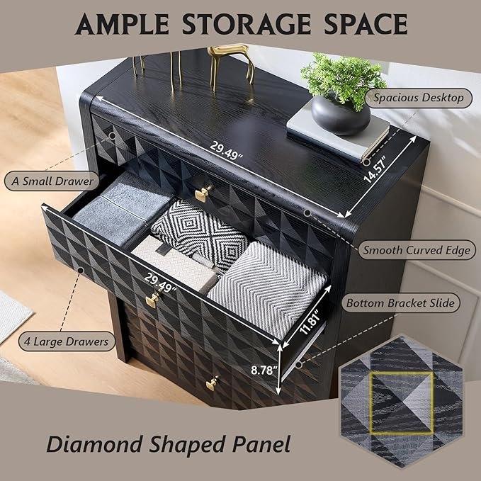 Modern 5 Drawer Dresser for Bedroom, Wooden Tall Dressers &Chests of Drawers w/Two Different Drawer Sizes, Mid Century Modern Dresser w/Diamond Panel Decorate for Bedroom, Curved Profile Design, Black