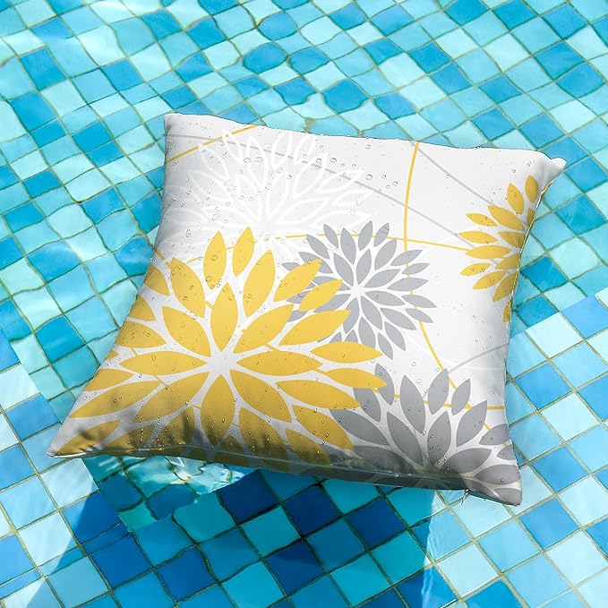 Yellow and Grey Floral Pillow Covers 20x20 Set of 2 Outdoor Waterproof Decorative Throw Pillows Summer Pillow Covers Polyester Cushion Case Decor for Couch Patio Funiture Garden Porch 01Z20