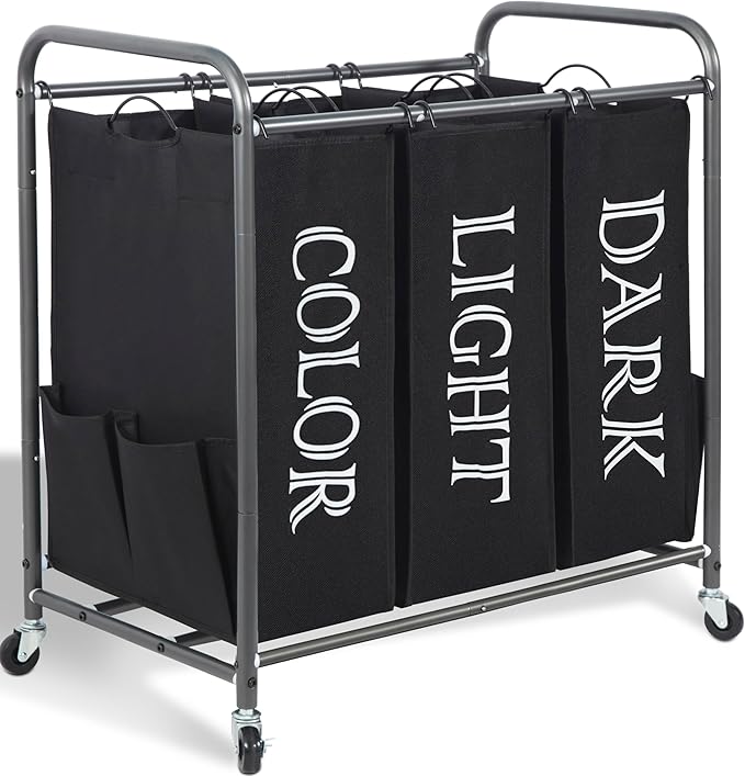 STORAGE MANIAC 3 Section Laundry Sorter, 35.9 Gal (136 L) Laundry Hamper Cart with Heavy Duty Rolling Lockable Wheel and Removable Bag, Clothes Organizer Basket Clothes Separator Hamper, Label Black
