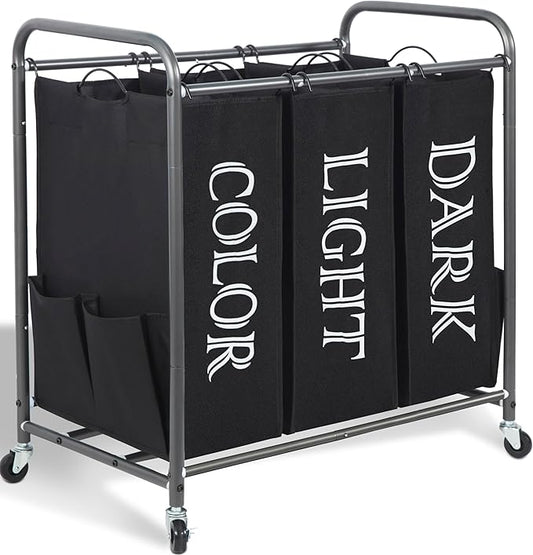 STORAGE MANIAC 3 Section Laundry Sorter, 35.9 Gal (136 L) Laundry Hamper Cart with Heavy Duty Rolling Lockable Wheel and Removable Bag, Clothes Organizer Basket Clothes Separator Hamper, Label Black