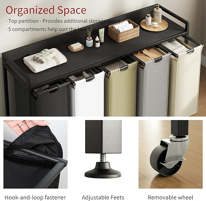 Laundry Hamper with Shelf, Laundry Basket 5 Section, Laundry Sorter with Pull-Out Removable Large 5 Color Bags and Movable Wheels, Metal Frame, 5 x 15.87 Gallons (60L), Black PF08XLK