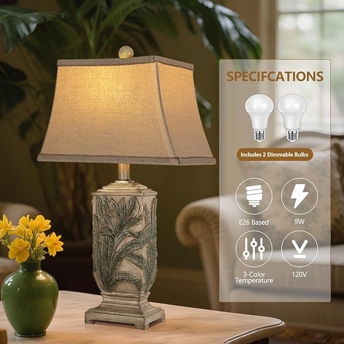 WIHTU 25" Vintage Table Lamps, 3 Color Temperature Palace Retro Beside Lamp Set of 2, Resin Desk Lamp for Livingroom Bedroom Nightstands, Rotary Switch, Carved Leaf(2 Bulbs Included)