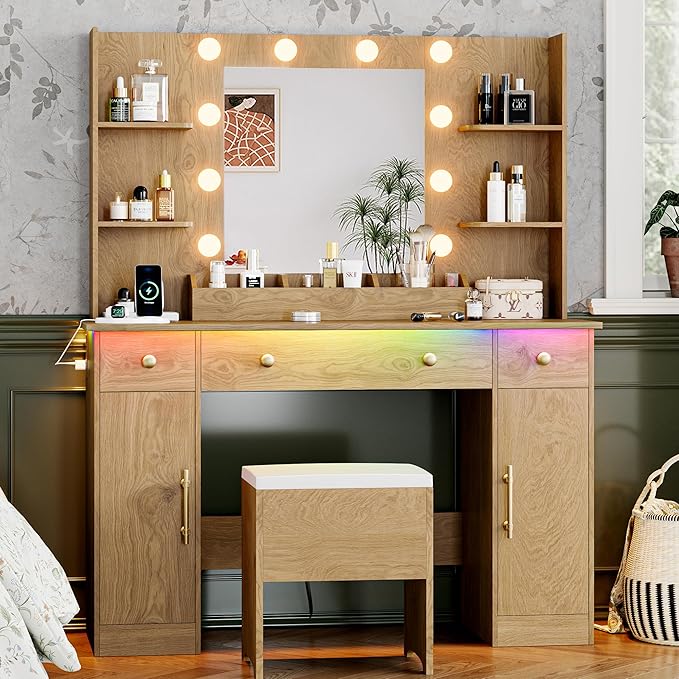 Vanity Desk with Mirror and Lights, 43'' Oak Makeup Dressing Table Set with 5 Drawers & Chair, Power Outlet, 3 Lighting Modes Adjustable Brightness & RGB LED for Women Girls Bedroom Bathroom